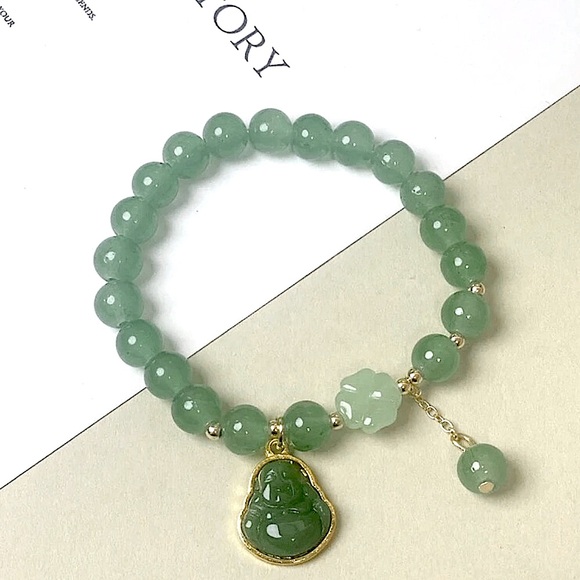2/25 NWT 1pc Murano Jade Glass Four Leaf Clover Buddha Pendant Bracelet - Picture 4 of 5